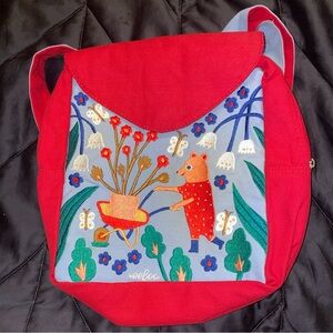 Red and Blue Botanical Embroidery‎ Cloth Backpack